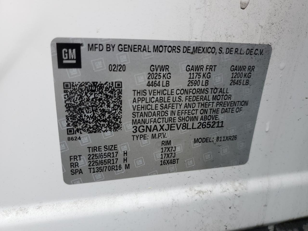 2020 Chevrolet Equinox Lt VIN: 3GNAXJEV8LL265211 Lot: 54764374