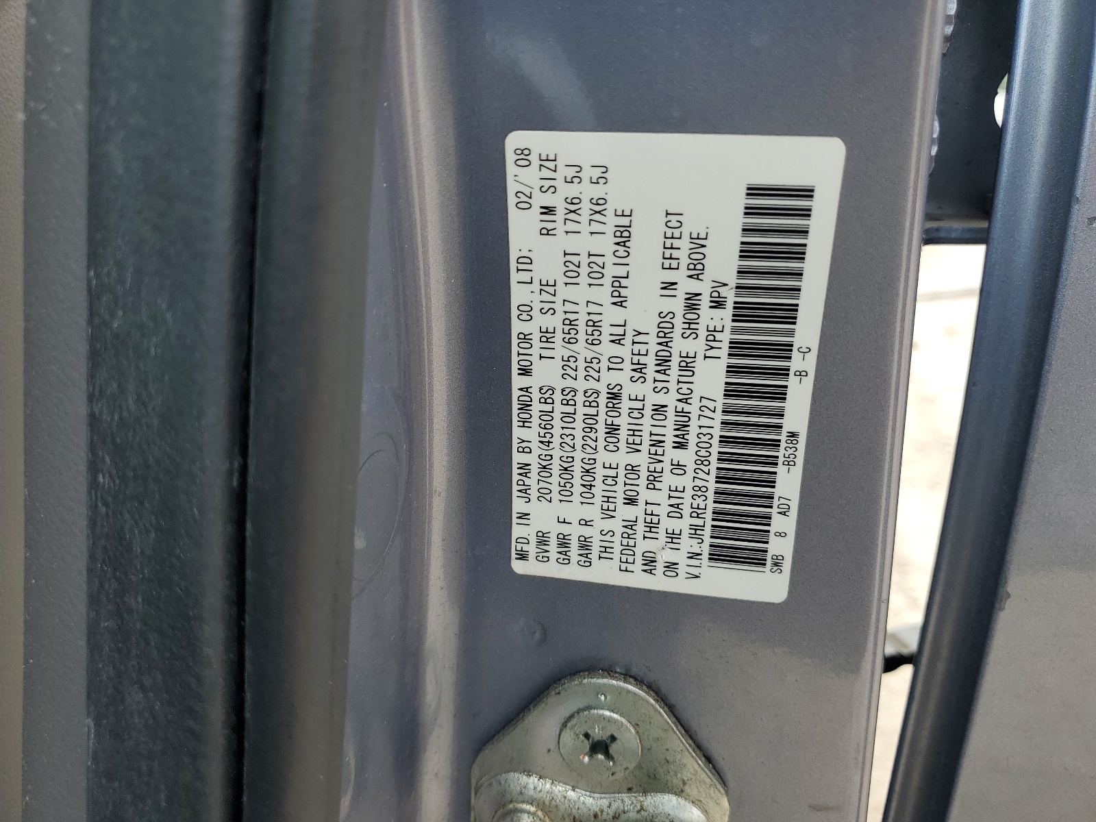 JHLRE38728C031727 2008 Honda Cr-V Exl