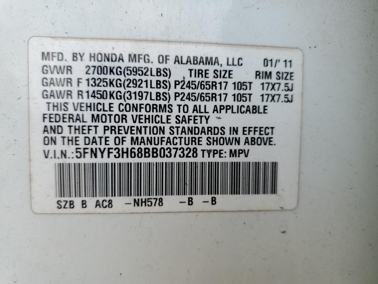 5FNYF3H68BB037328 2011 Honda Pilot Exl