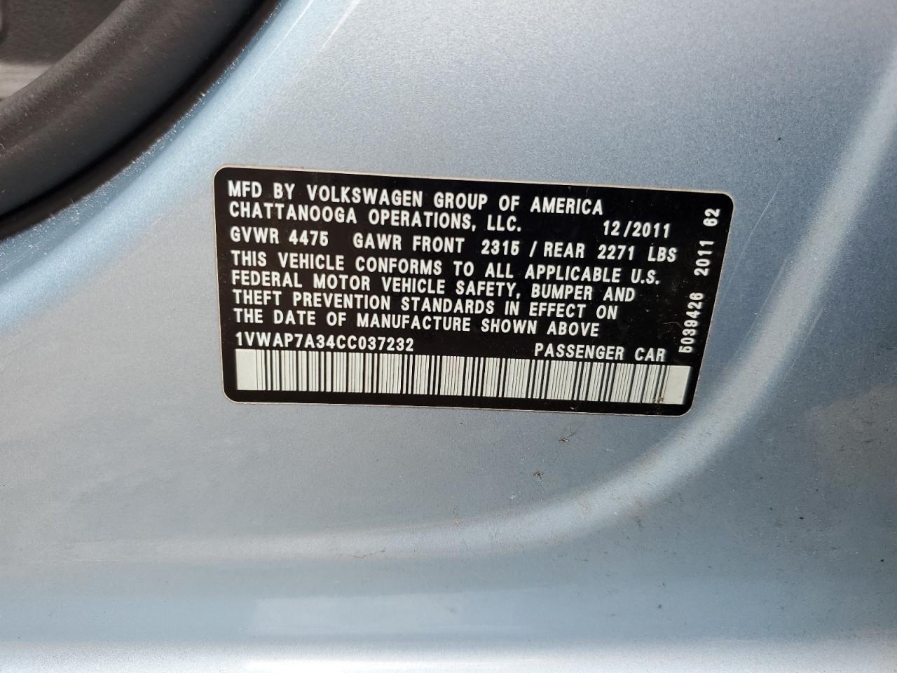 2012 Volkswagen Passat S VIN: 1VWAP7A34CC037232 Lot: 60046894