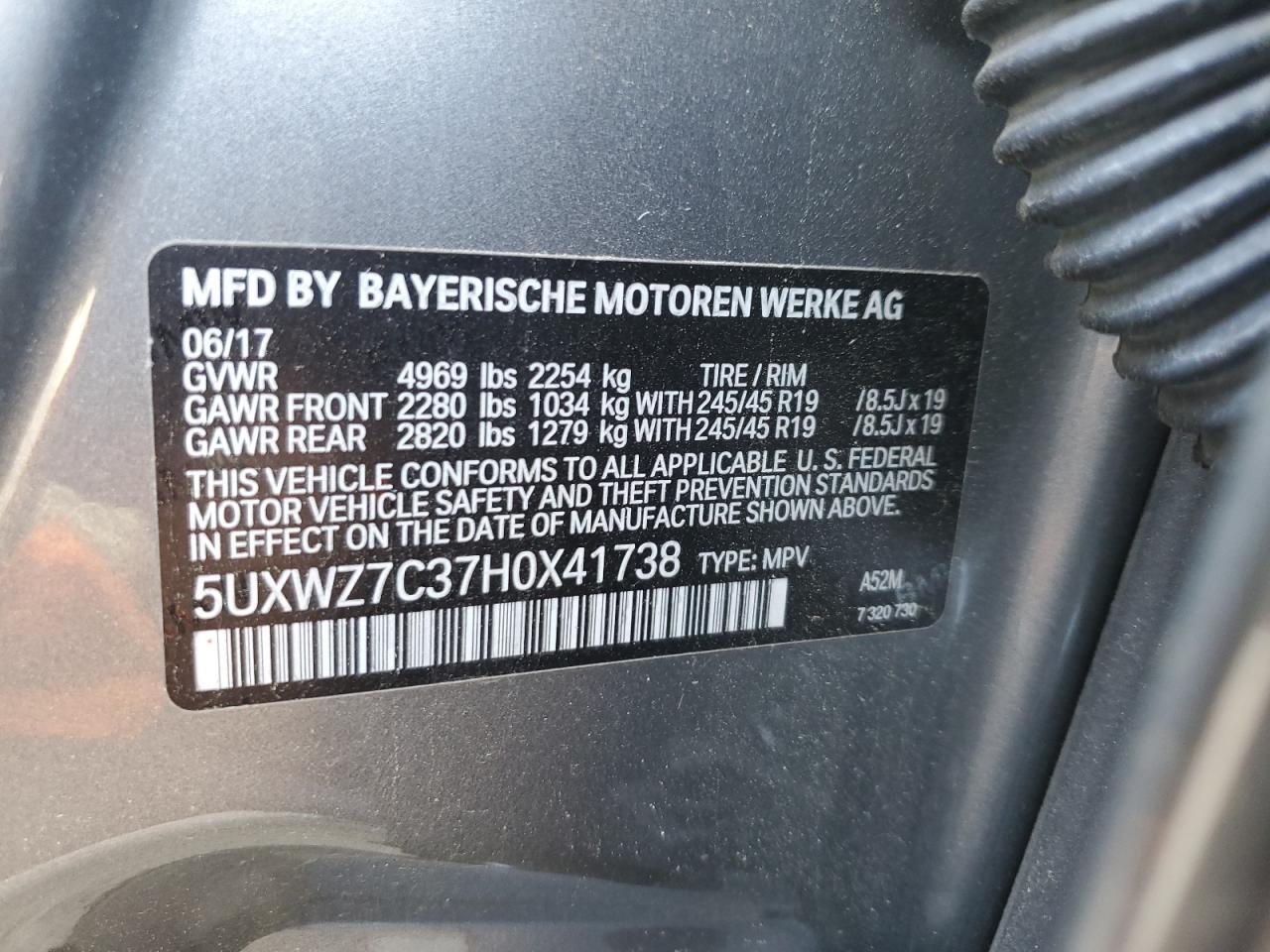 5UXWZ7C37H0X41738 2017 BMW X3 Sdrive28I