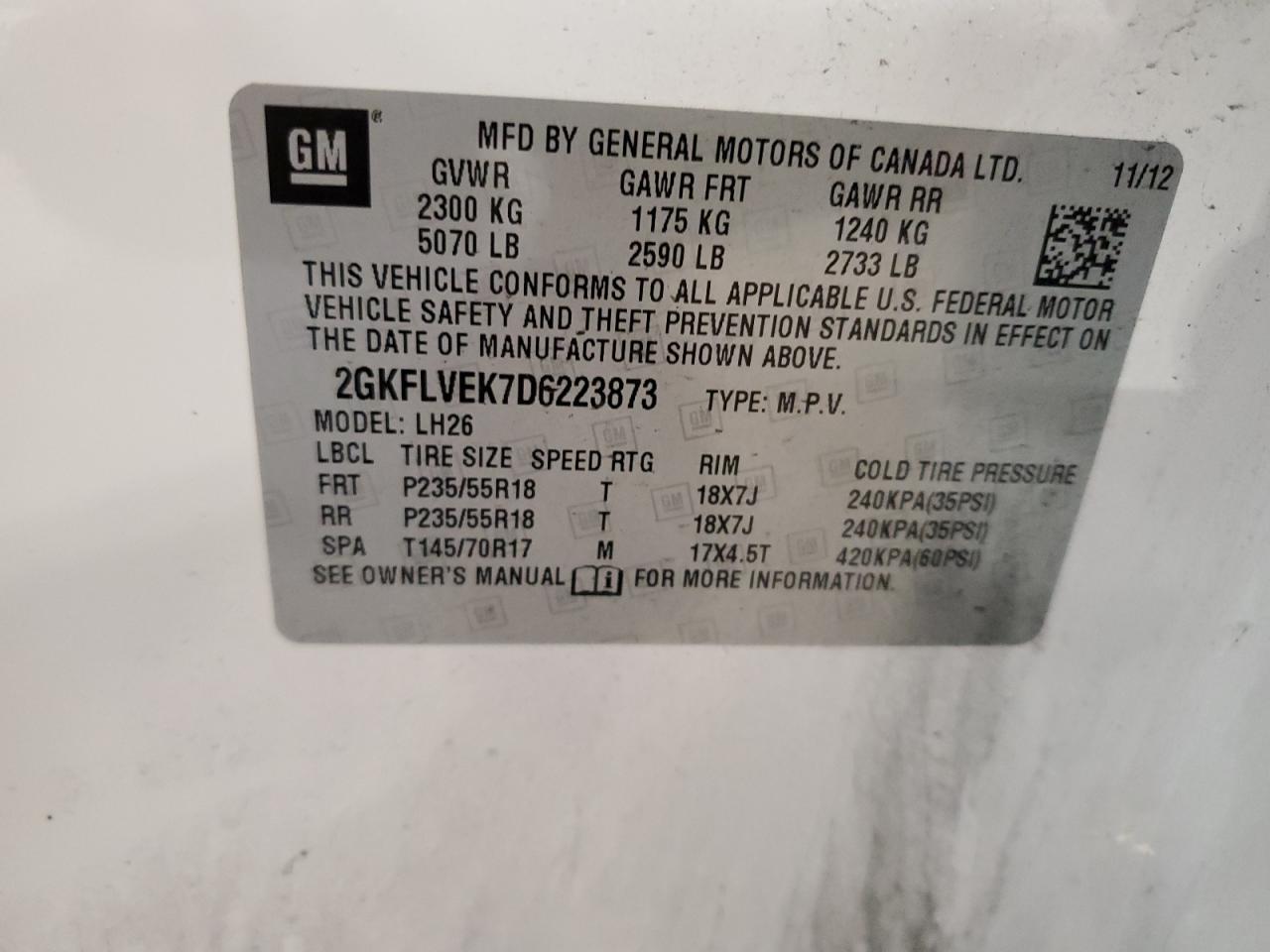 2013 GMC Terrain Slt VIN: 2GKFLVEK7D6223873 Lot: 56060254