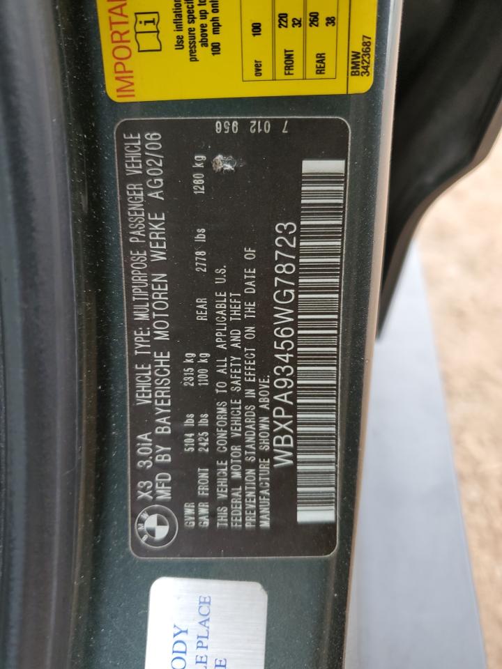2006 BMW X3 3.0I VIN: WBXPA93456WG78723 Lot: 53446634