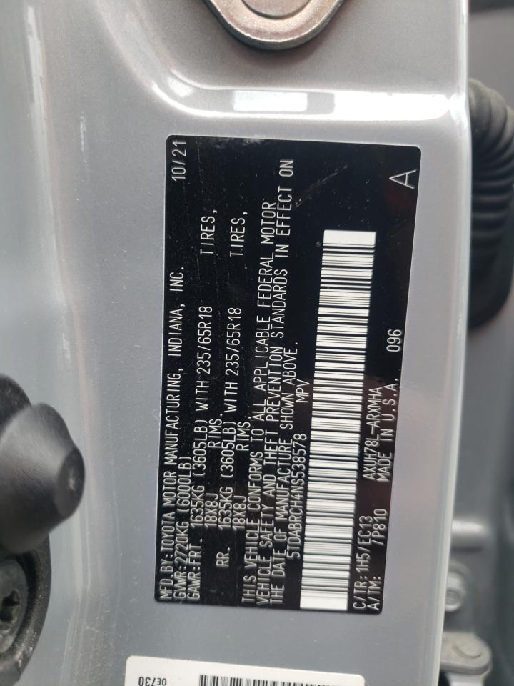 2022 Toyota Highlander Hybrid Xle VIN: 5TDABRCH4NS538578 Lot: 54200394