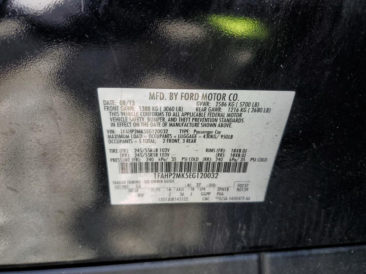 2014 Ford Taurus Police Interceptor VIN: 1FAHP2MK5EG120032 Lot: 57015664