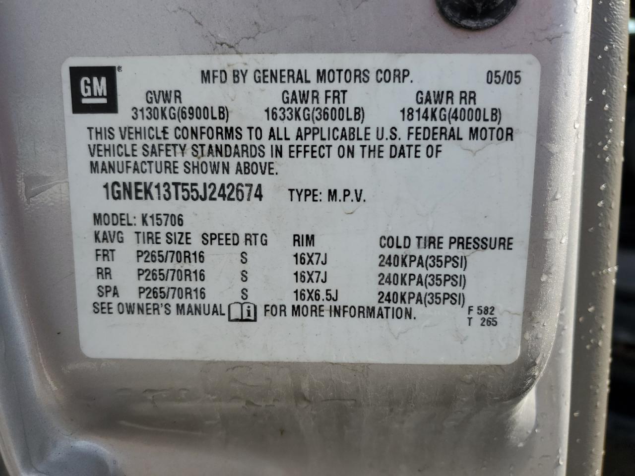 2005 Chevrolet Tahoe K1500 VIN: 1GNEK13T55J242674 Lot: 54692044