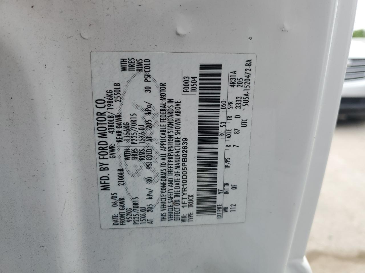 2005 Ford Ranger VIN: 1FTYR10D05PB02639 Lot: 54468574