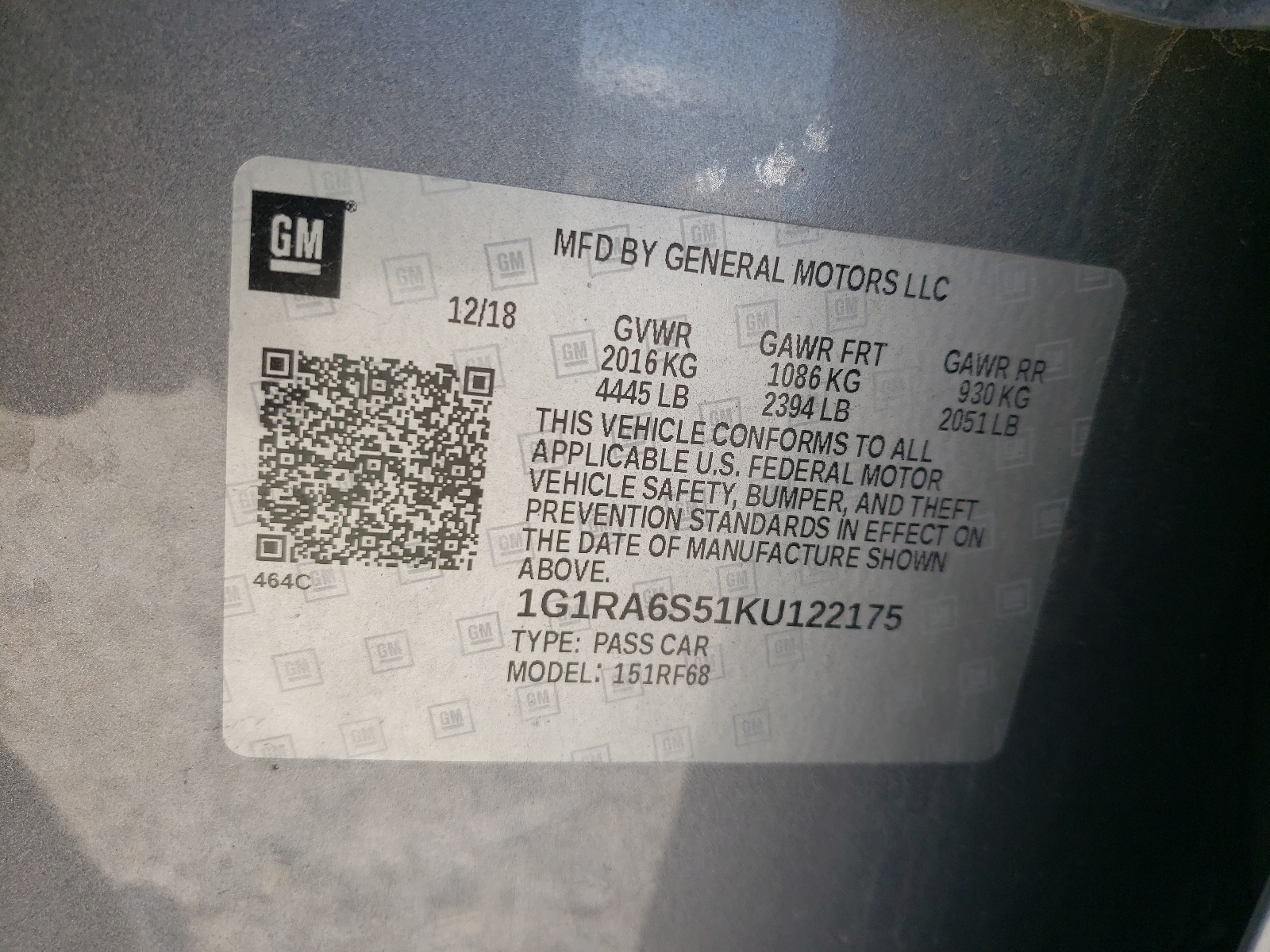 1G1RA6S51KU122175 2019 Chevrolet Volt Lt