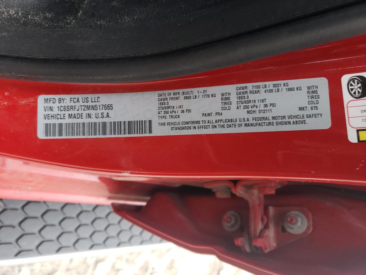 2021 Ram 1500 Laramie VIN: 1C6SRFJT2MN517665 Lot: 55712274