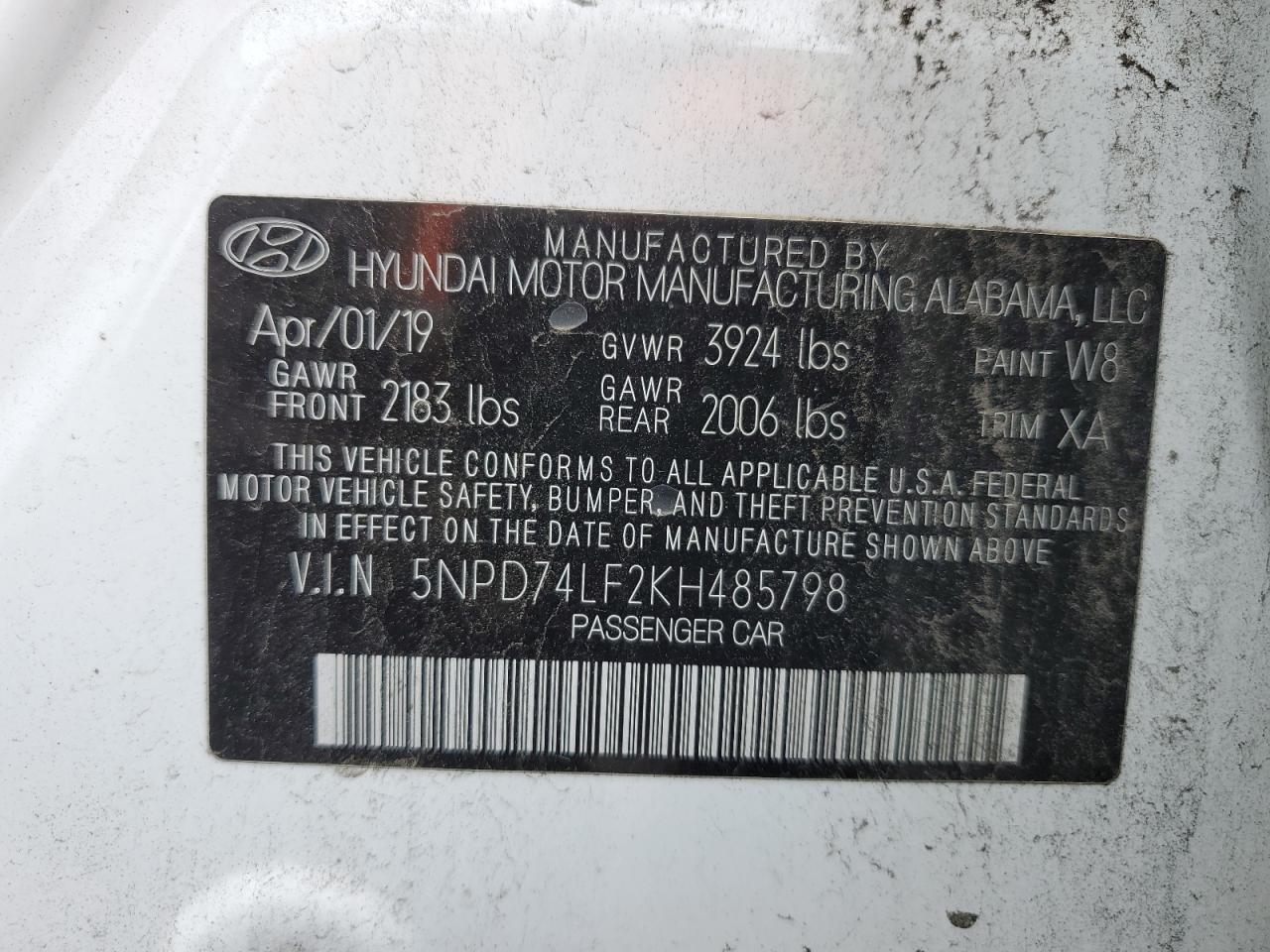 2019 Hyundai Elantra Se VIN: 5NPD74LF2KH485798 Lot: 54751104