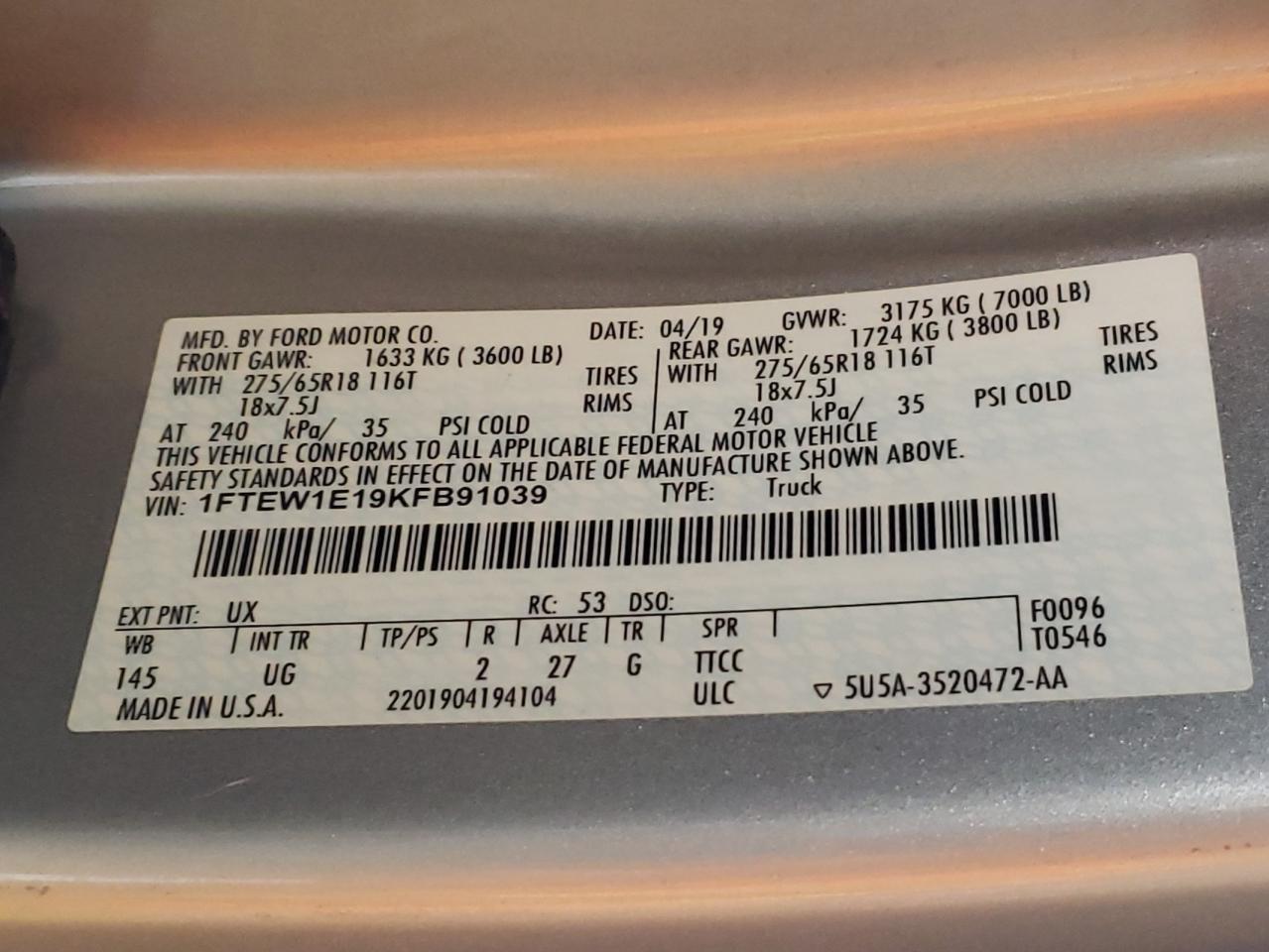 2019 Ford F150 Supercrew VIN: 1FTEW1E19KFB91039 Lot: 89124545