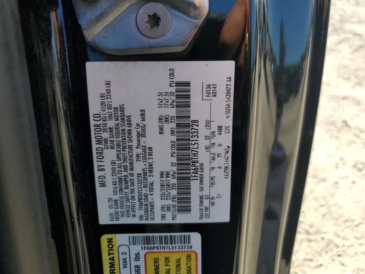 2020 Ford Mustang VIN: 1FA6P8TH7L5133728 Lot: 56244144