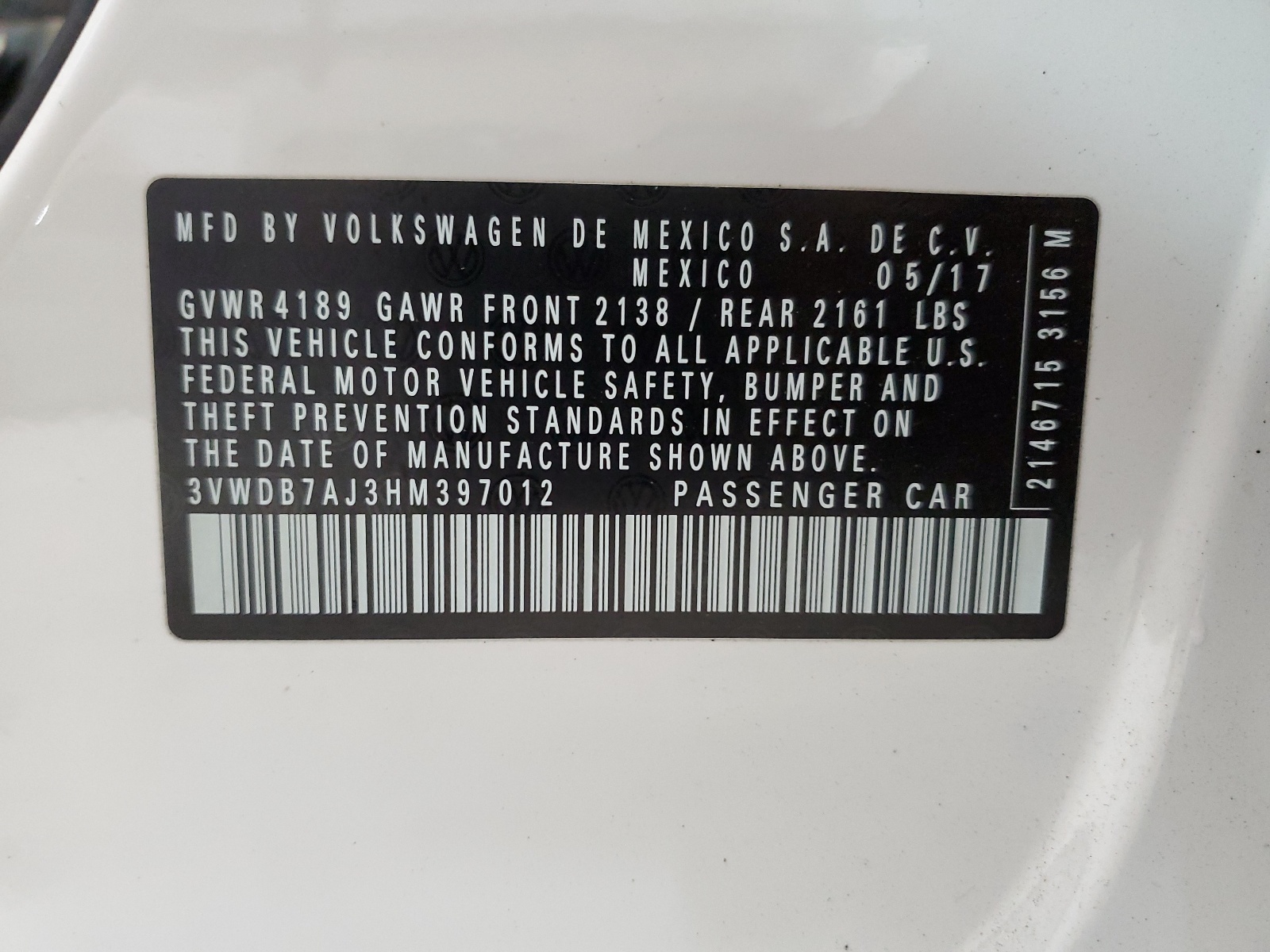 3VWDB7AJ3HM397012 2017 Volkswagen Jetta Se