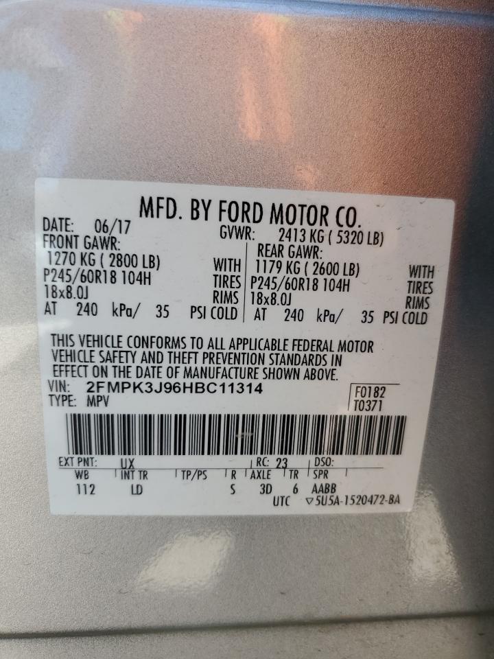 2017 Ford Edge Sel VIN: 2FMPK3J96HBC11314 Lot: 54147074