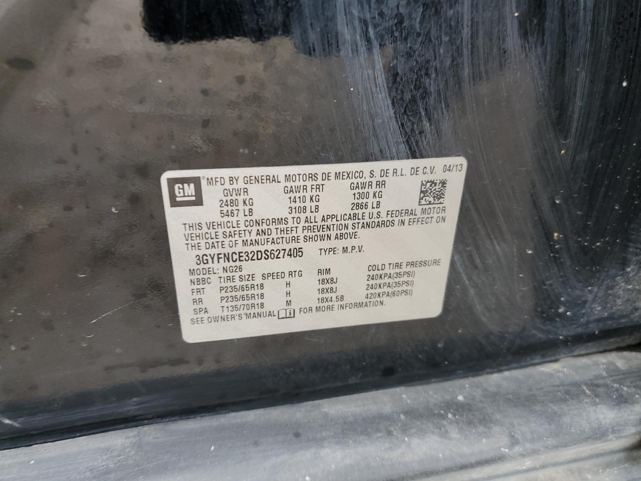 2013 Cadillac Srx Luxury Collection VIN: 3GYFNCE32DS627405 Lot: 53706574