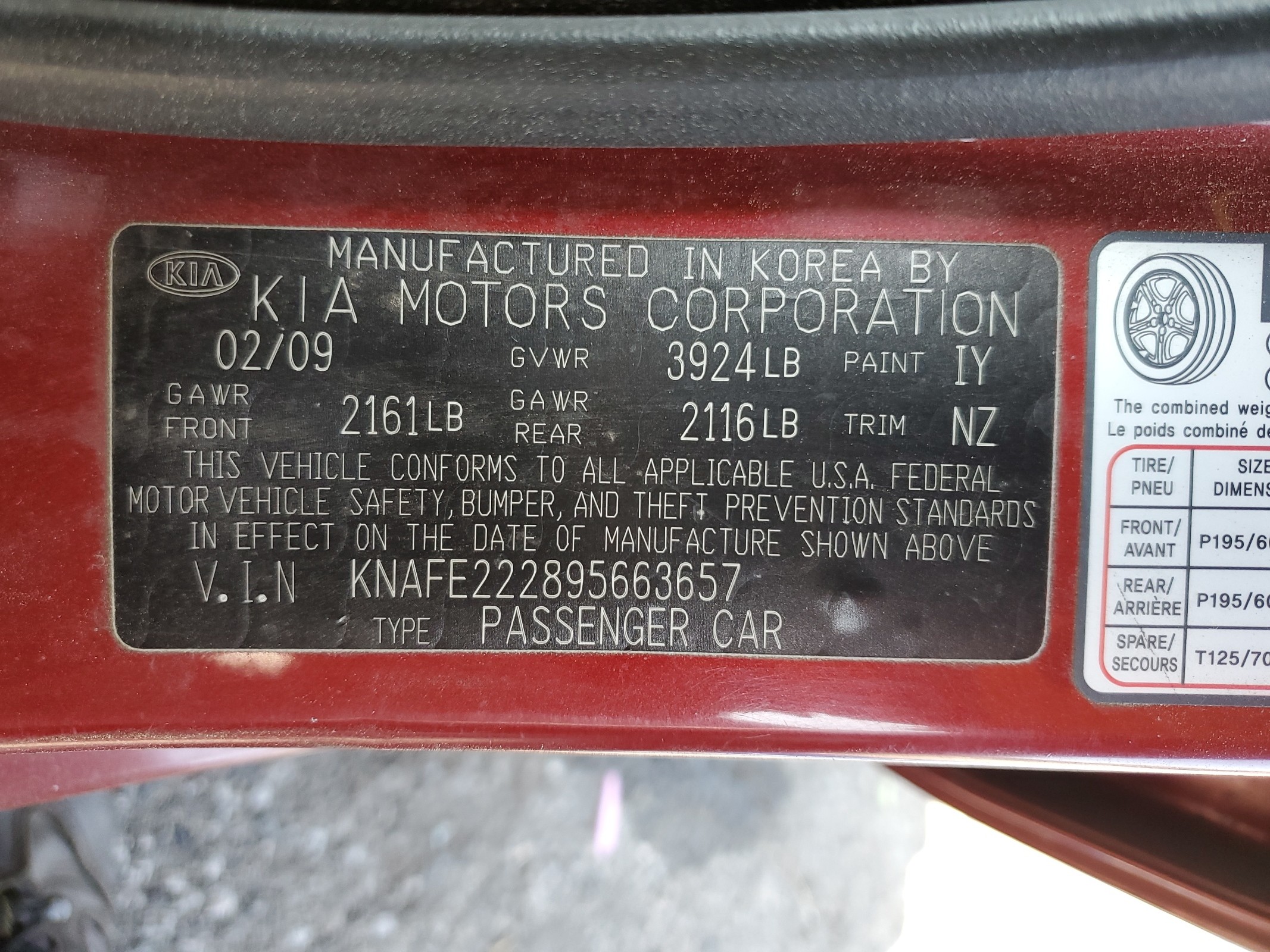 KNAFE222895663657 2009 Kia Spectra Ex