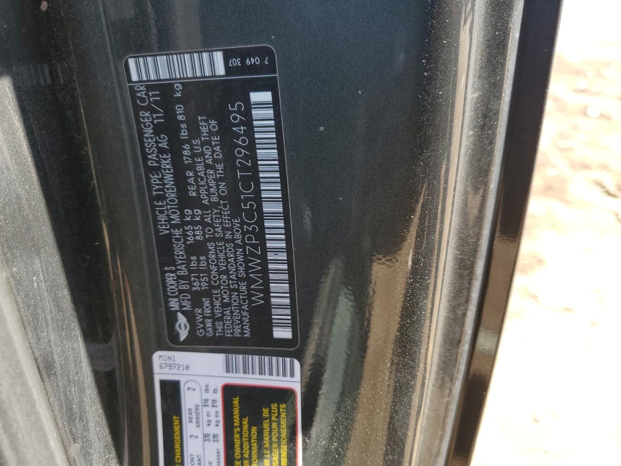 2012 Mini Cooper S VIN: WMWZP3C51CT296495 Lot: 56299954