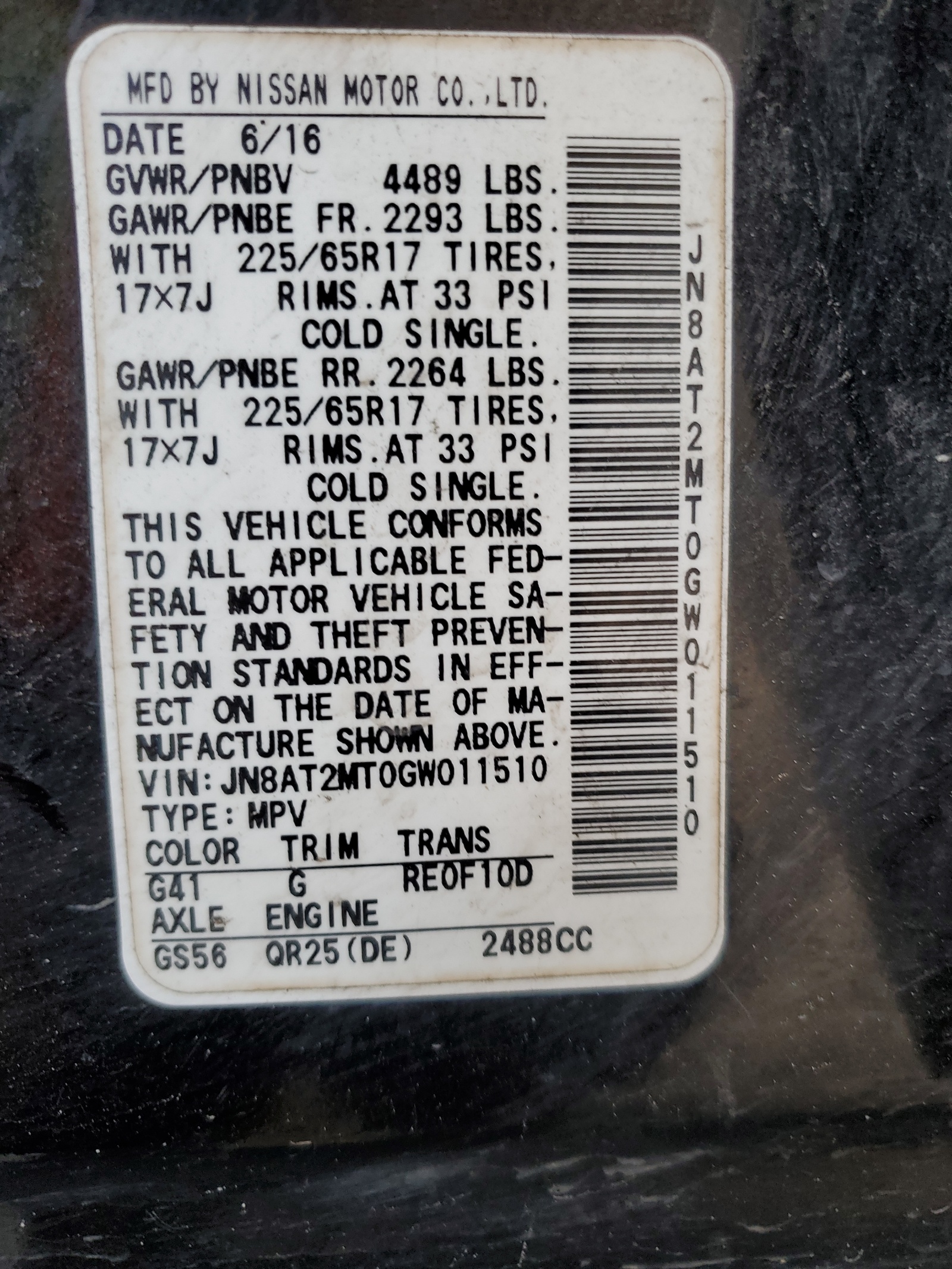 JN8AT2MT0GW011510 2016 Nissan Rogue S