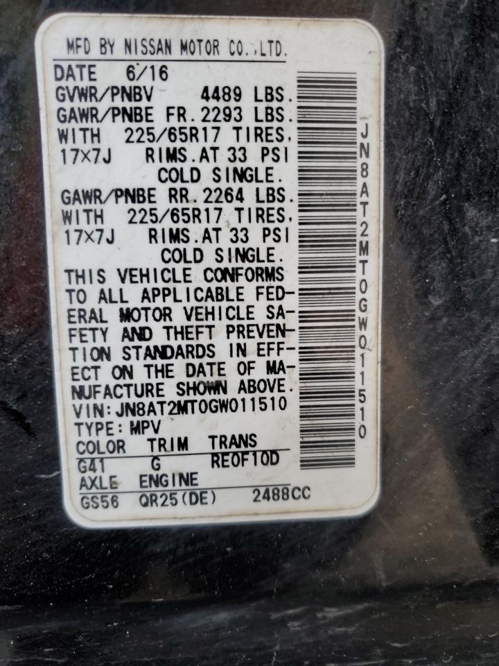 2016 Nissan Rogue S VIN: JN8AT2MT0GW011510 Lot: 56239704