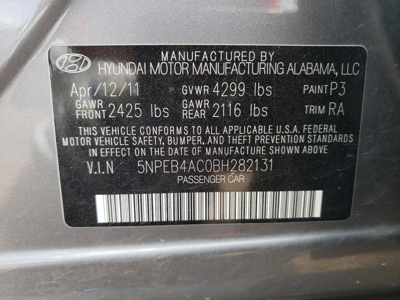 5NPEB4AC0BH282131 2011 Hyundai Sonata Gls