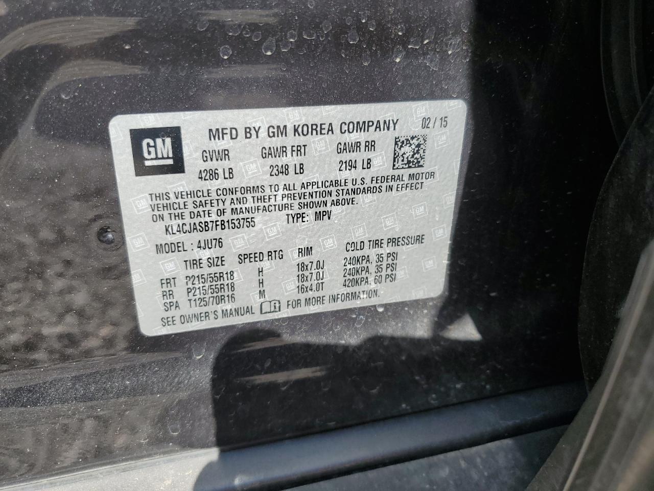 2015 BUICK ENCORE with FRONT END damage, VIN KL4CJASB7FB153755