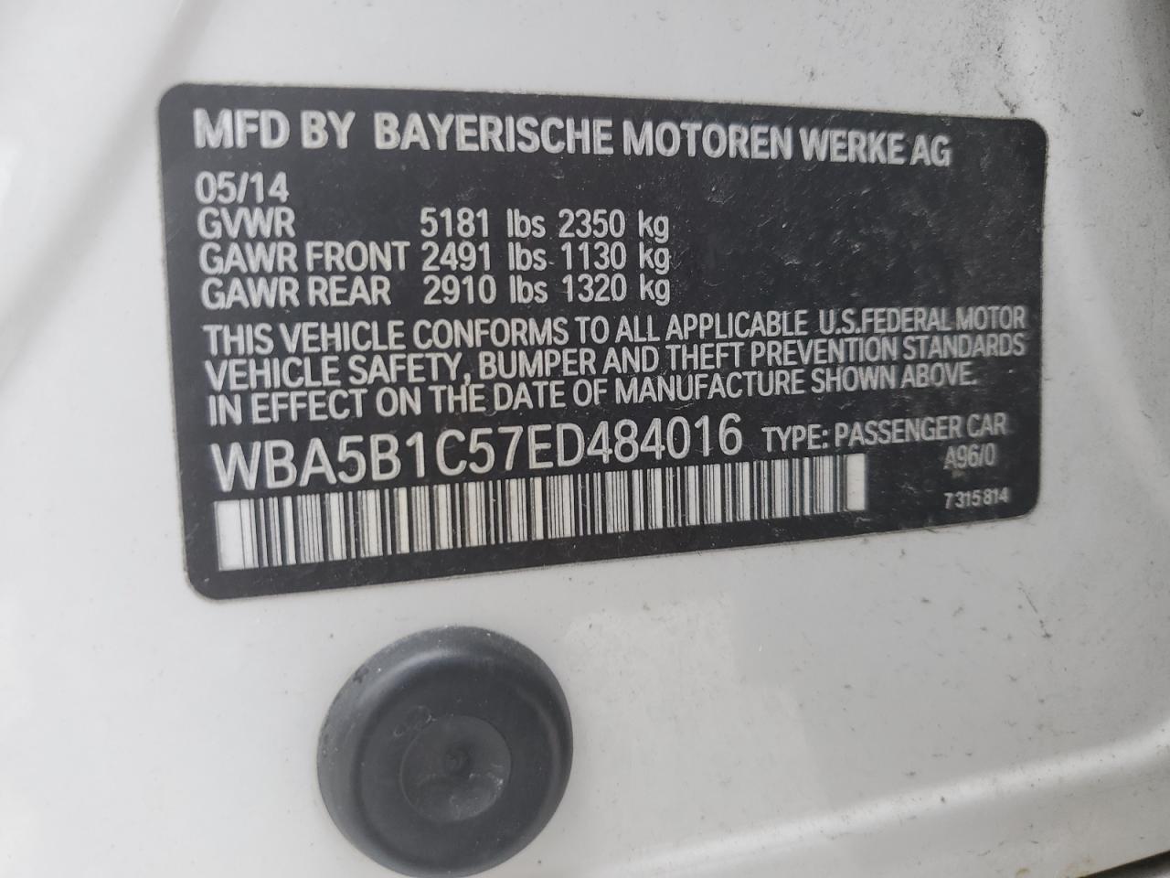 VIN WBA5B1C57ED484016 2014 BMW 5 SERIES no.12