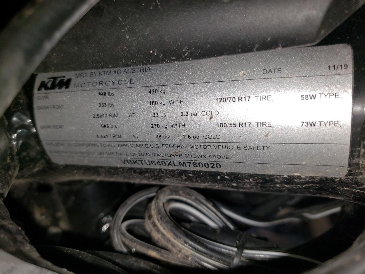 2020 Ktm 790 Duke VIN: VBKTU640XLM780020 Lot: 55216394
