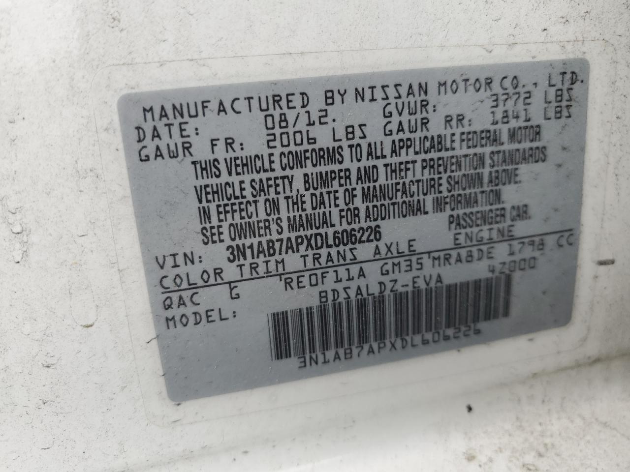 2013 Nissan Sentra S VIN: 3N1AB7APXDL606226 Lot: 56084124