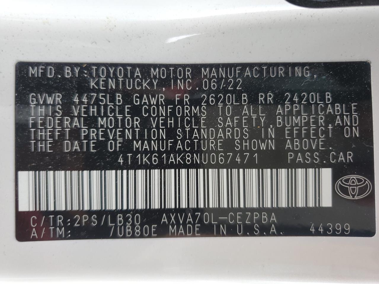 4T1K61AK8NU067471 2022 Toyota Camry Xse