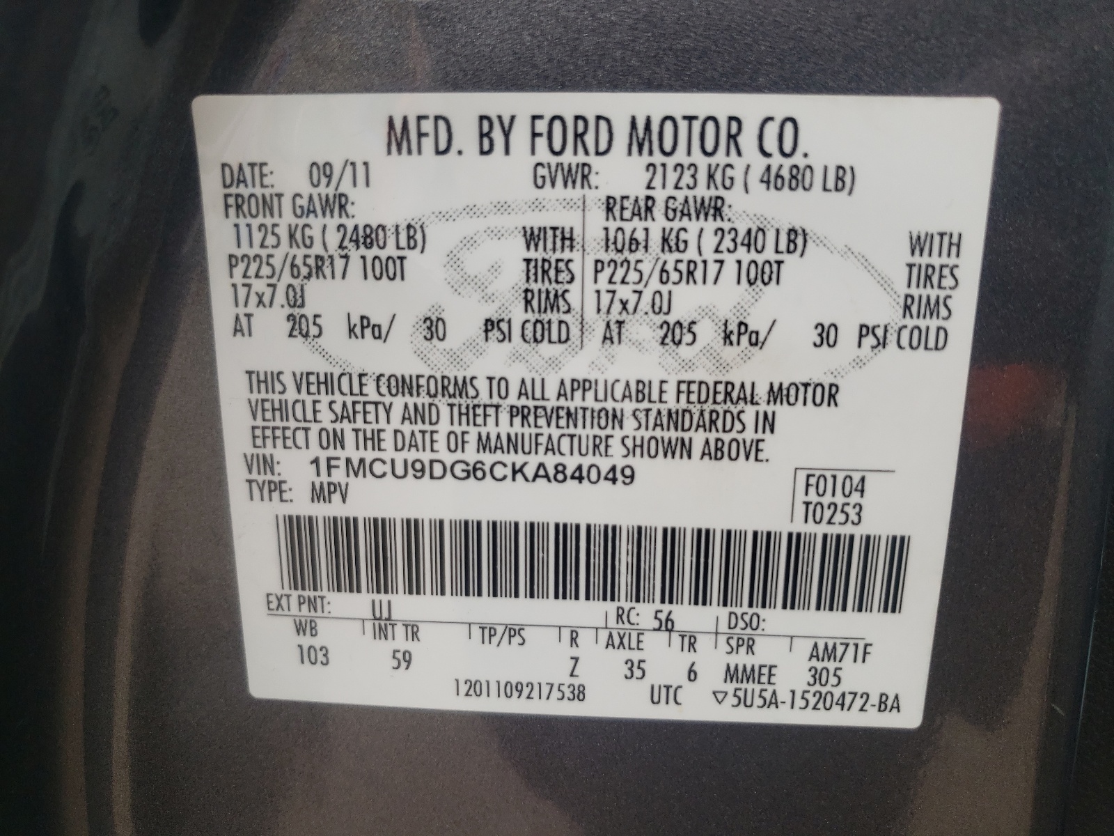 1FMCU9DG6CKA84049 2012 Ford Escape Xlt