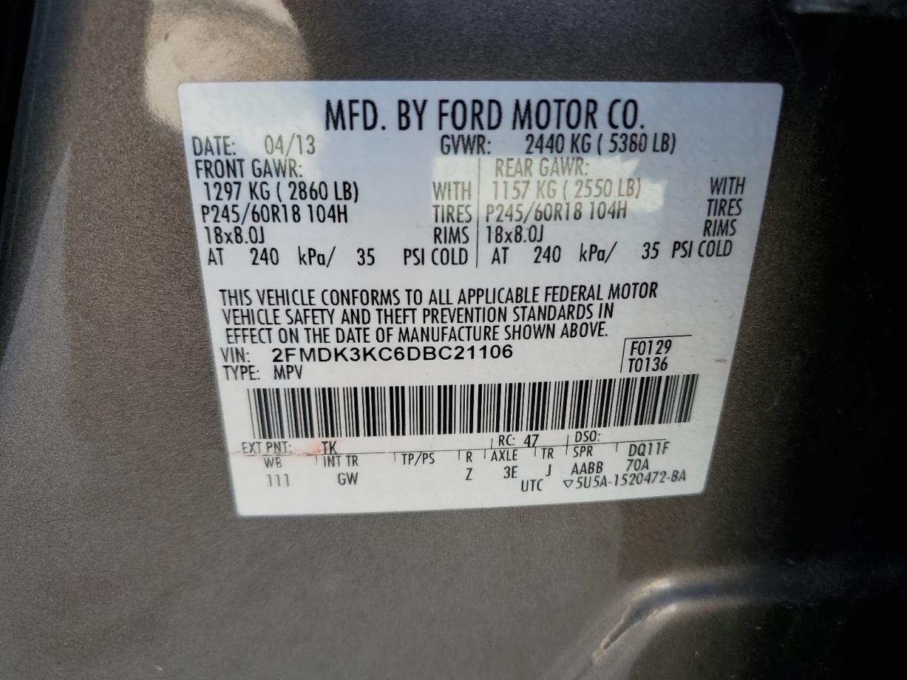 2FMDK3KC6DBC21106 2013 Ford Edge Limited