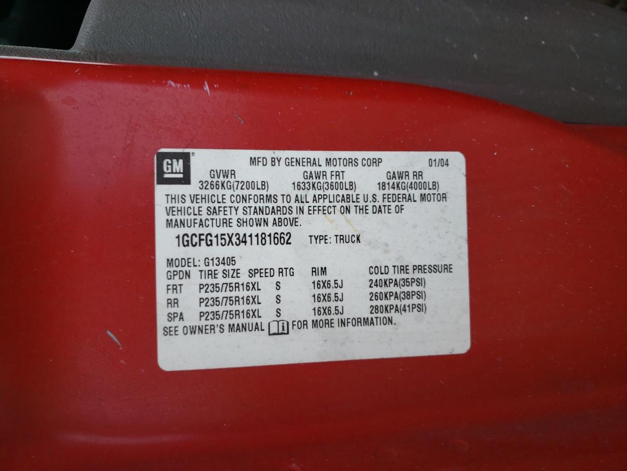 2004 Chevrolet Express G1500 VIN: 1GCFG15X341181662 Lot: 53058274