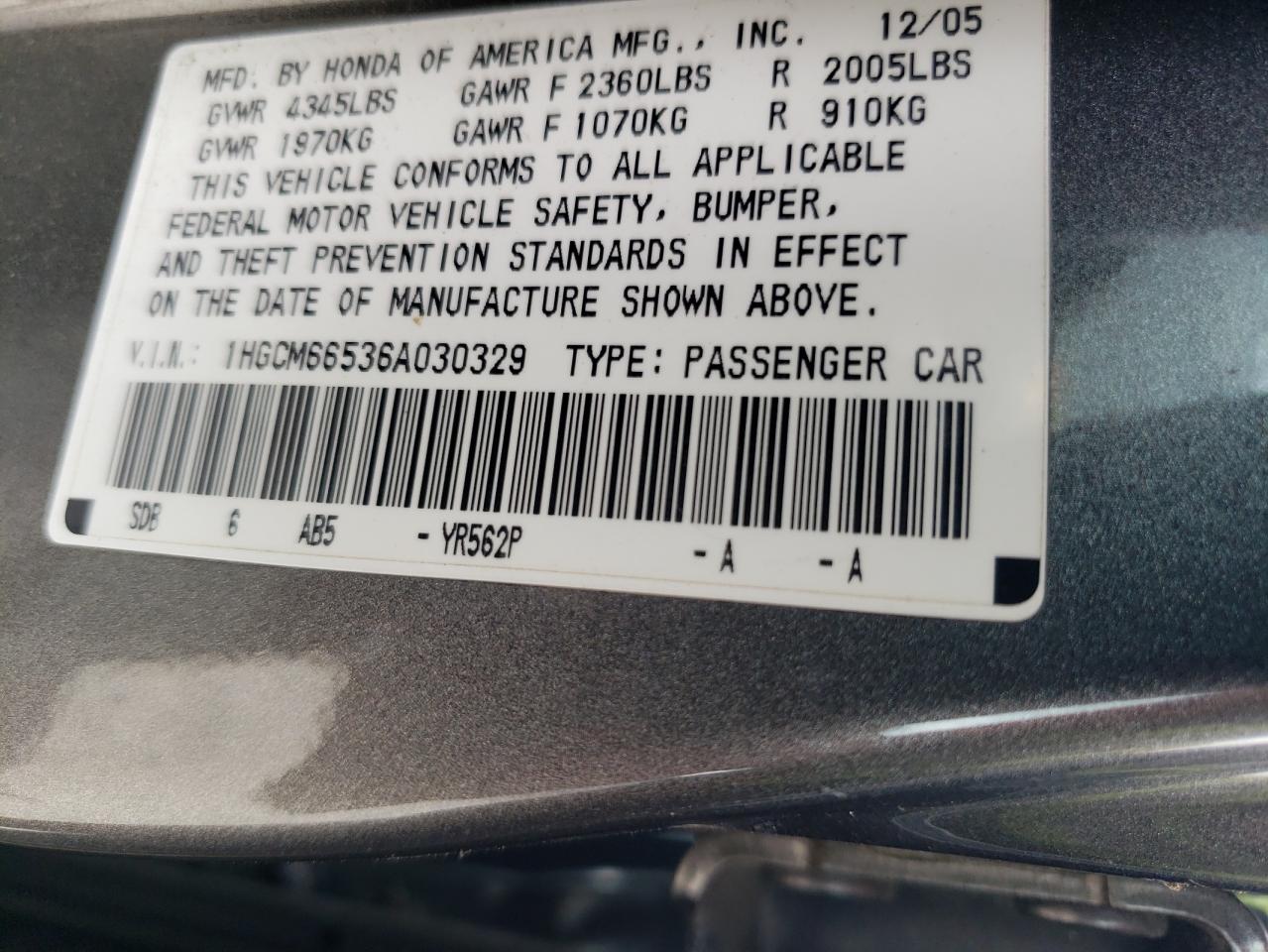 1HGCM66536A030329 2006 Honda Accord Ex