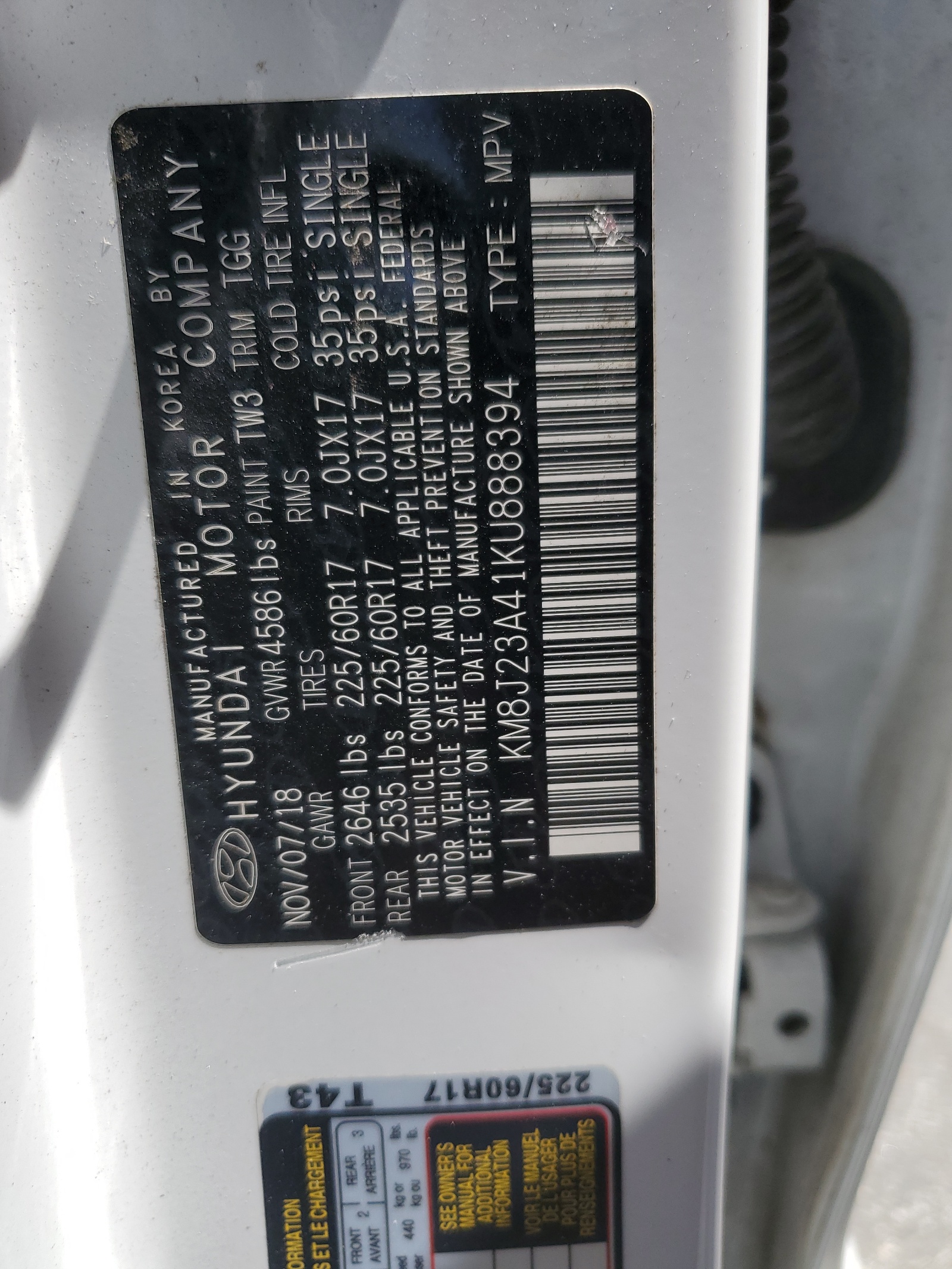 KM8J23A41KU888394 2019 Hyundai Tucson Se