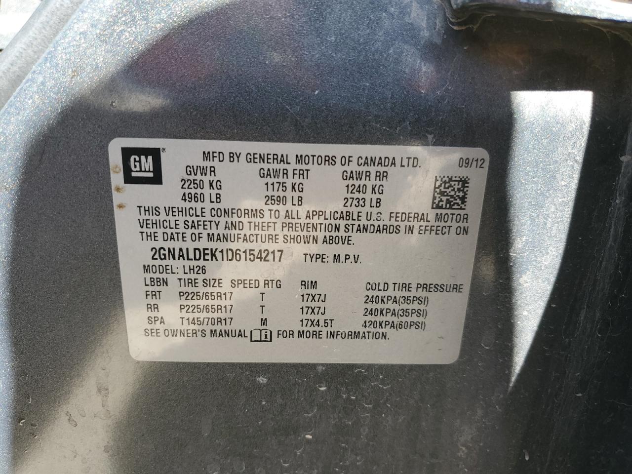 2013 Chevrolet Equinox Lt VIN: 2GNALDEK1D6154217 Lot: 53046974