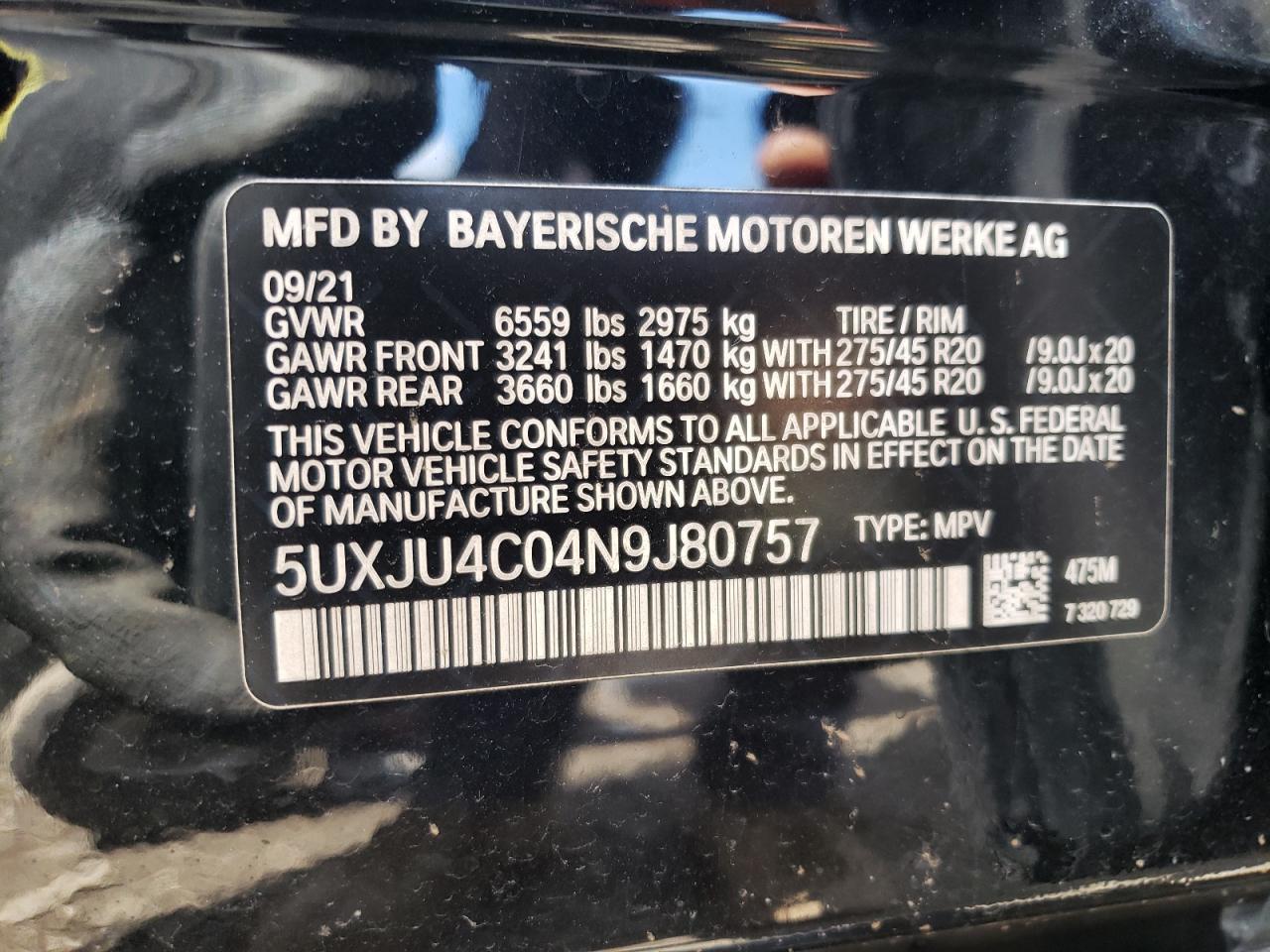 2022 BMW X5 M50I VIN: 5UXJU4C04N9J80757 Lot: 55912934