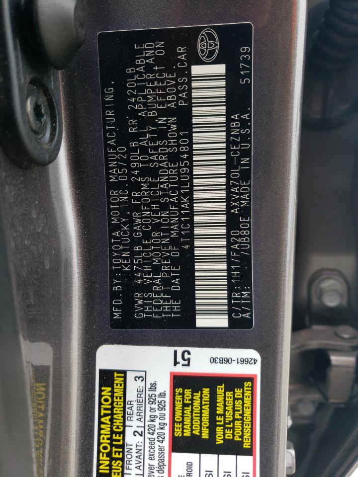 2020 Toyota Camry Le VIN: 4T1C11AK1LU954801 Lot: 80744245