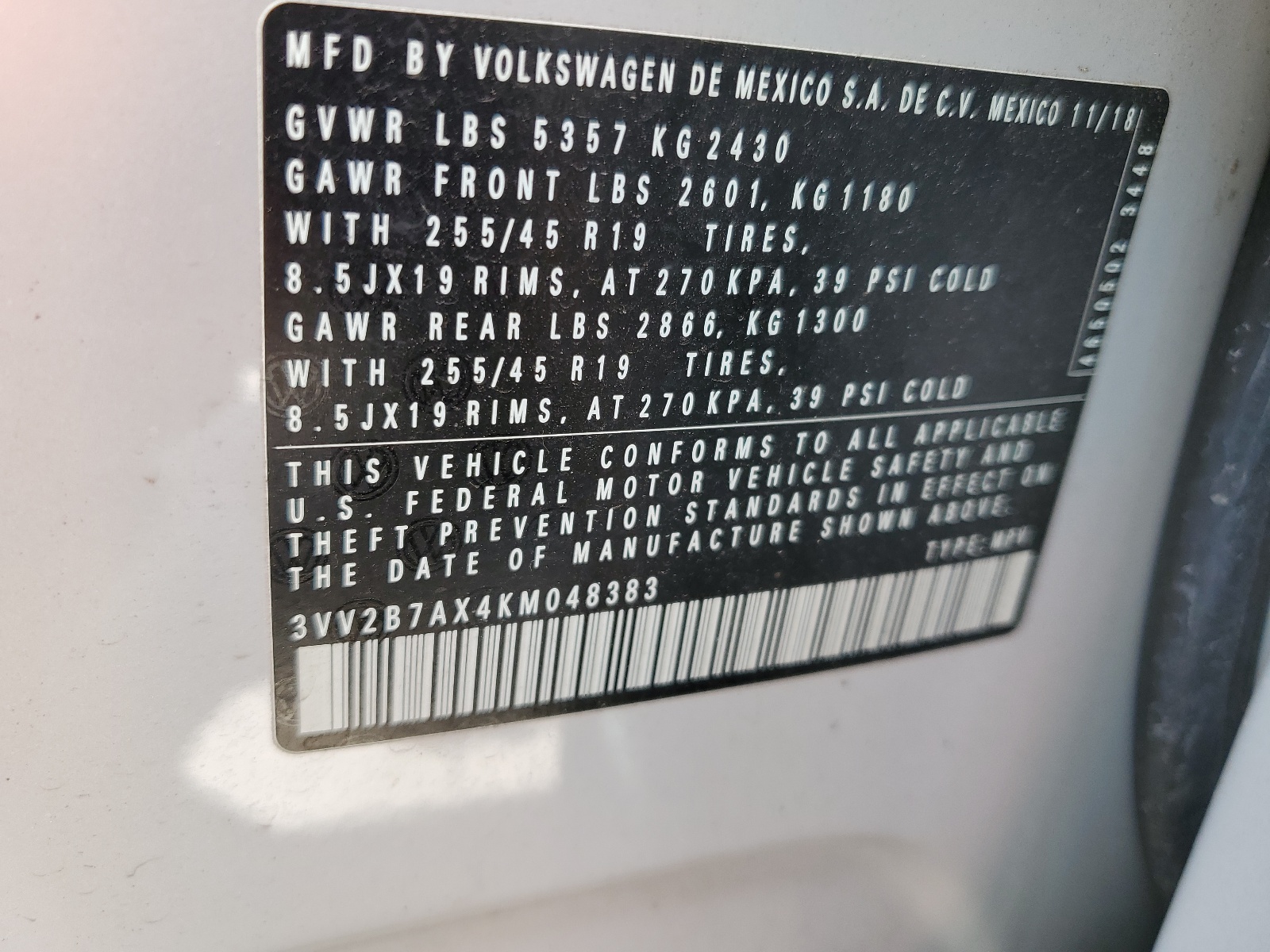 3VV2B7AX4KM048383 2019 Volkswagen Tiguan Se