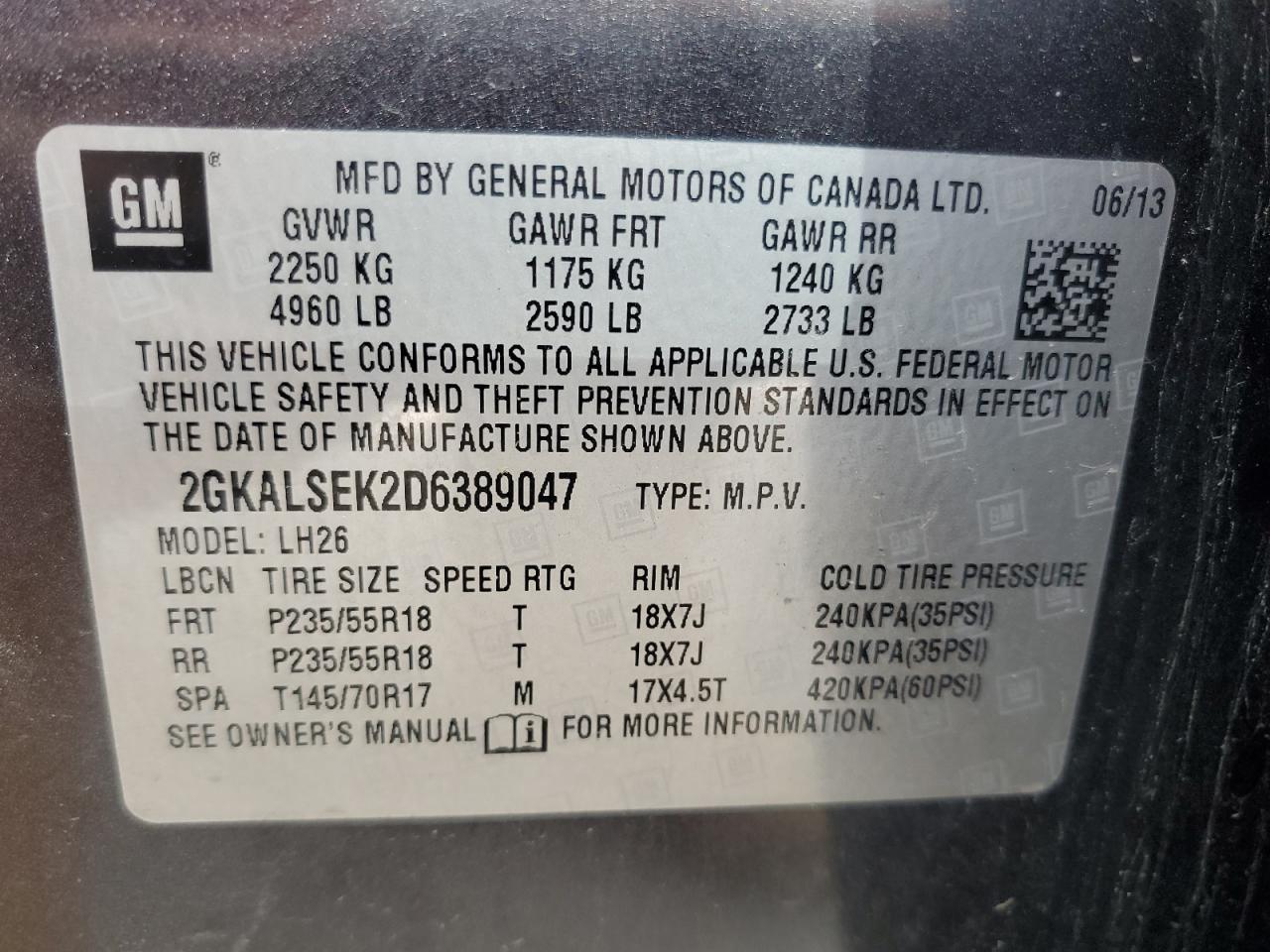 2013 GMC Terrain Sle VIN: 2GKALSEK2D6389047 Lot: 53963934