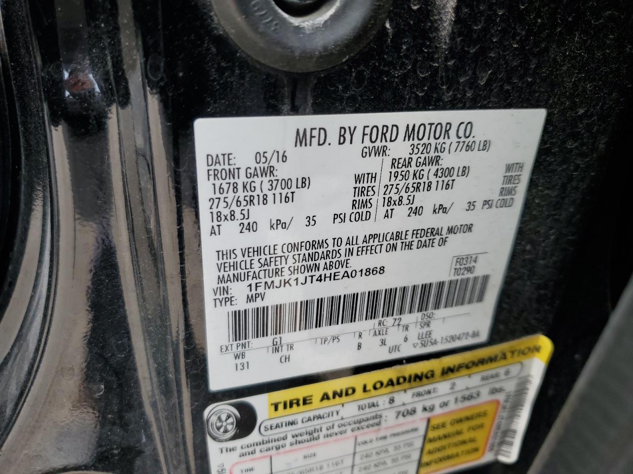 2017 Ford Expedition El Xlt VIN: 1FMJK1JT4HEA01868 Lot: 55802604