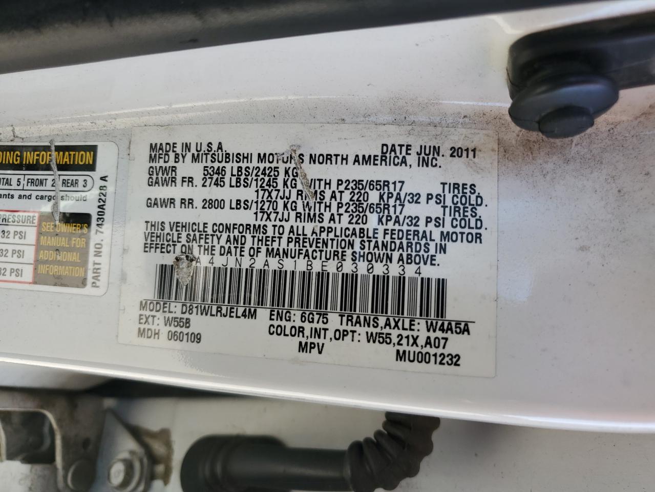 2011 Mitsubishi Endeavor Ls VIN: 4A4JN2AS1BE030334 Lot: 54755994