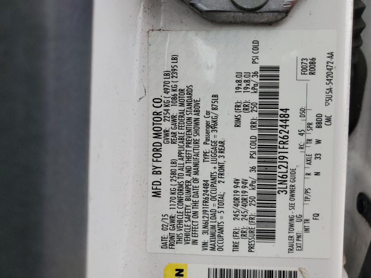 2015 Lincoln Mkz VIN: 3LN6L2J91FR624484 Lot: 53587434