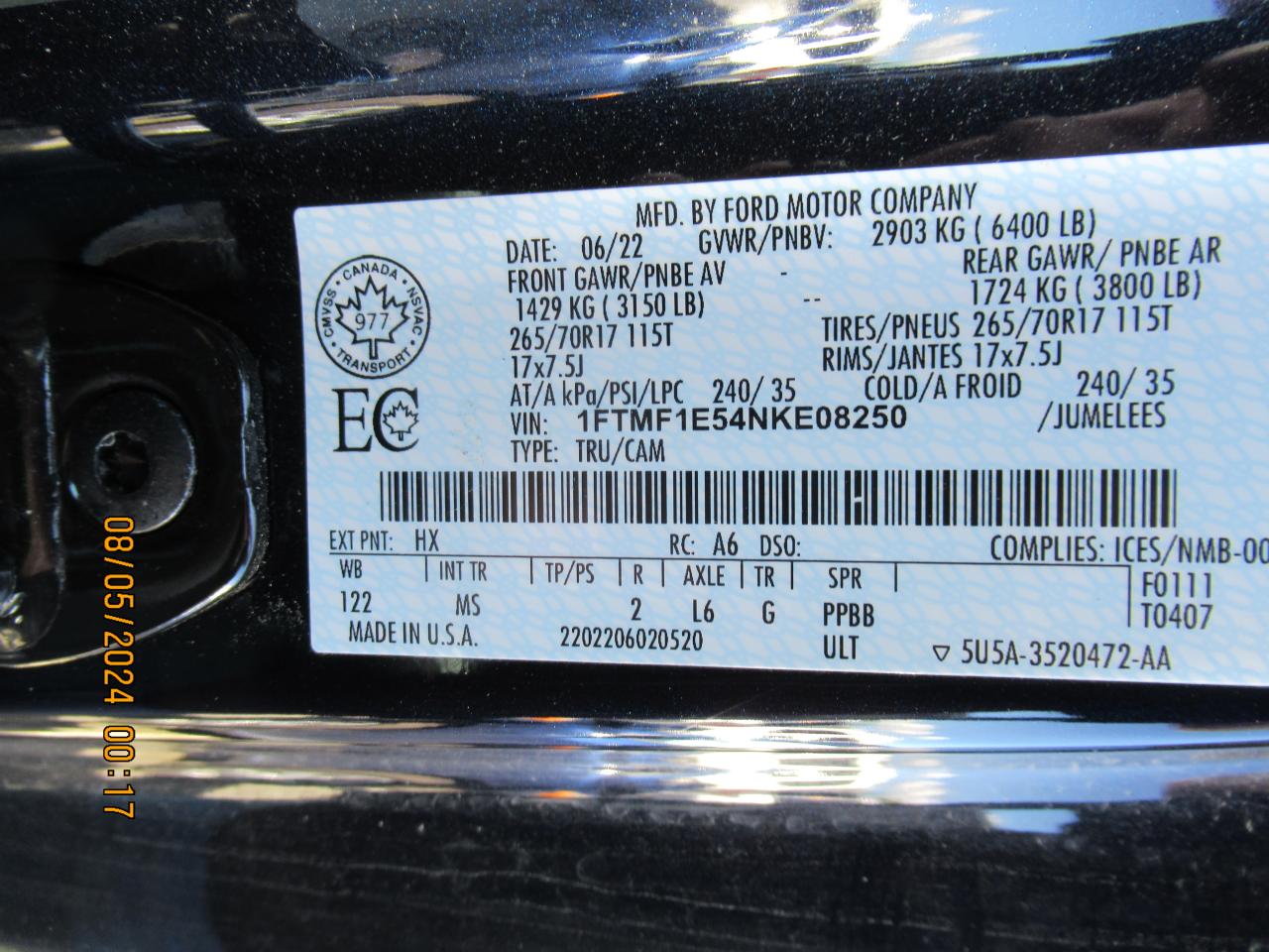 2022 Ford F150 VIN: 1FTMF1E54NKE08250 Lot: 51638864