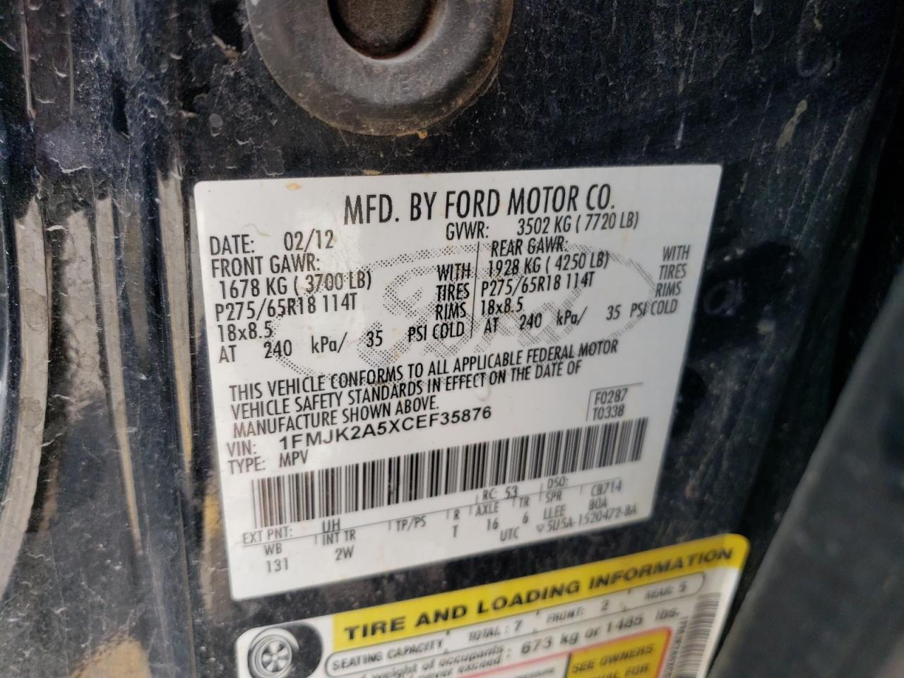 2012 Ford Expedition El Limited VIN: 1FMJK2A5XCEF35876 Lot: 55499984