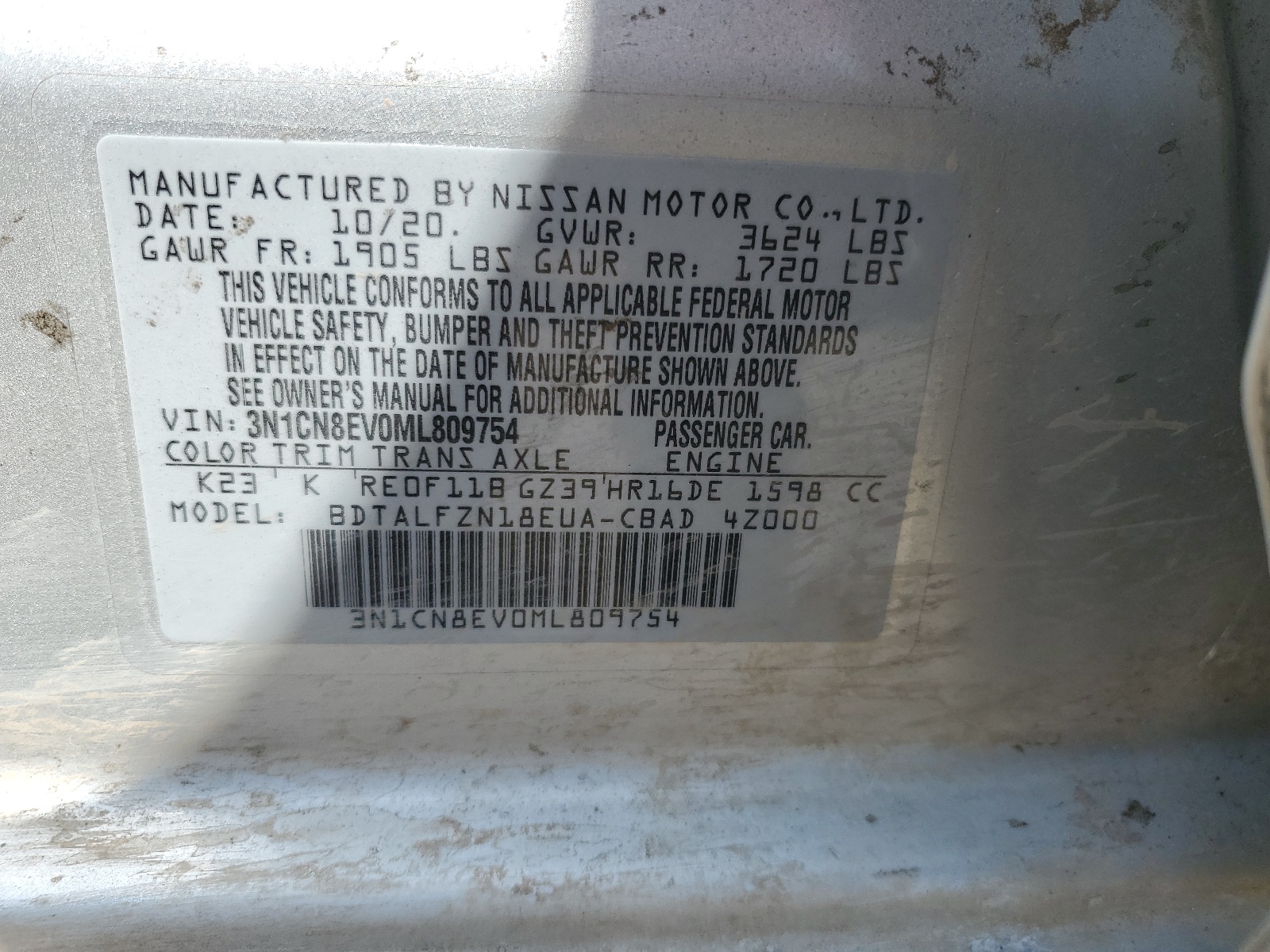 3N1CN8EV0ML809754 2021 Nissan Versa Sv