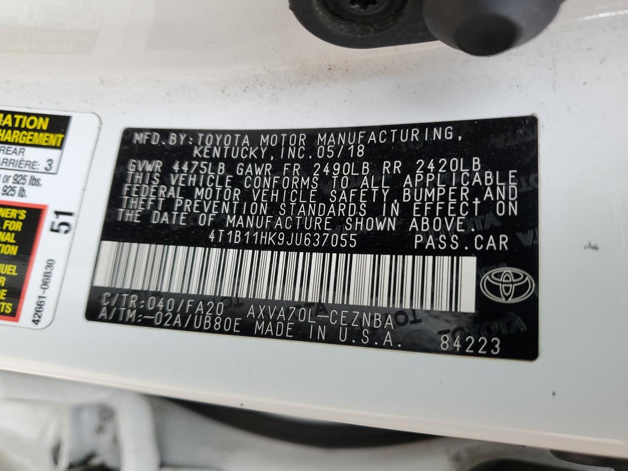 4T1B11HK9JU637055 2018 Toyota Camry L