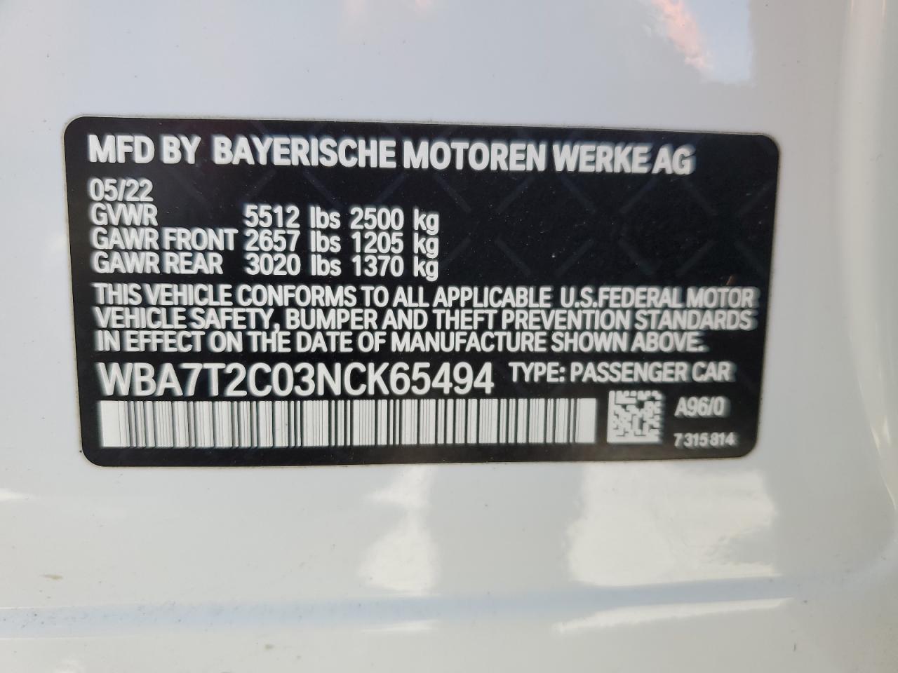 2022 BMW 740 I VIN: WBA7T2C03NCK65494 Lot: 54980384