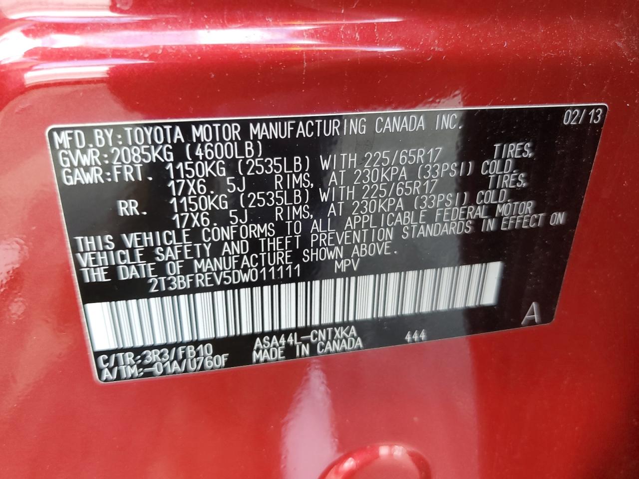 2013 Toyota Rav4 Le VIN: 2T3BFREV5DW011111 Lot: 56463834