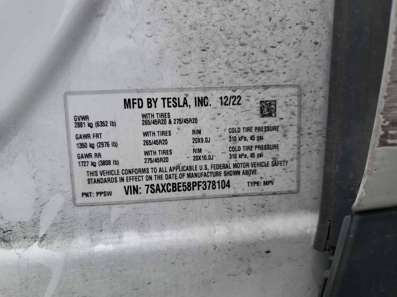 2023 Tesla Model X VIN: 7SAXCBE58PF378104 Lot: 55482964