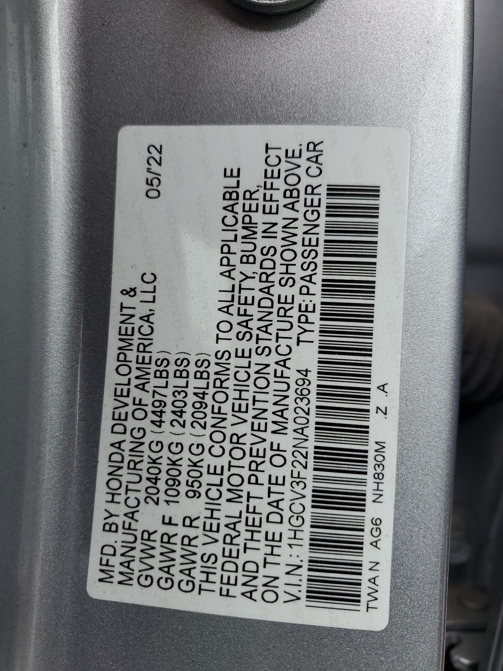 1HGCV3F22NA023694 2022 Honda Accord Hybrid Sport